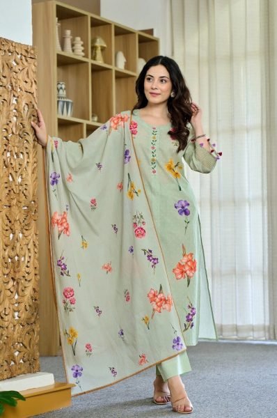 New Designer Pista Chanderi Kurti Set with Muslin Dupatta For Casual Festive Wear Printed Kurtis