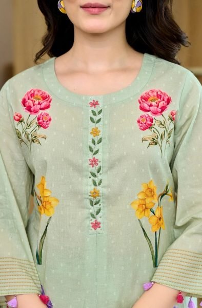 New Designer Pista Chanderi Kurti Set with Muslin Dupatta For Casual Festive Wear Printed Kurtis