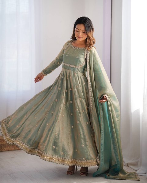 New Designer Silk Gown Collection Coding Sequin Work Gown Set with Dupatta Pant Best Wholesale Price Anarkali Kurtis 