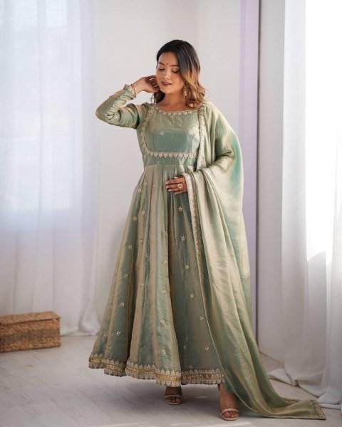New Designer Silk Gown Collection Coding Sequin Work Gown Set with Dupatta Pant Best Wholesale Price Anarkali Kurtis 