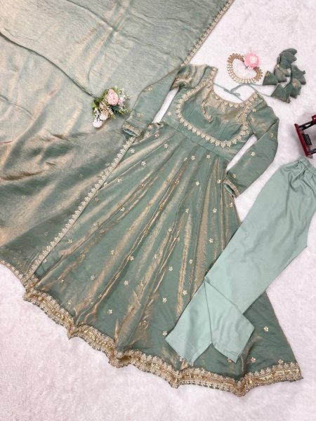 New Designer Silk Gown Collection Coding Sequin Work Gown Set with Dupatta Pant Best Wholesale Price Anarkali Kurtis 