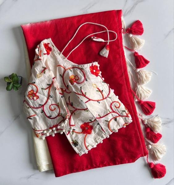 New Dual Shade Kota Doriya Saree with Embroidered Stitched Blouse Cotton Sarees Wholesale