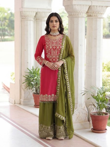 New Eid Special Chinon Silk Embroidery Cording Sequence Kurti Palazzo Set Ready To Wear Suit