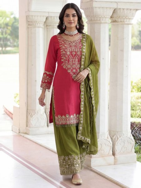 New Eid Special Chinon Silk Embroidery Cording Sequence Kurti Palazzo Set Ready To Wear Collection