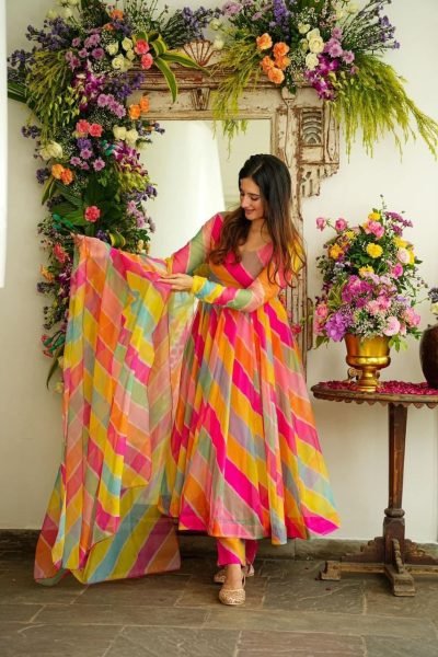 New Fancy Style Tabby Organza Anarkali Suit  3 Piece Kurti Set