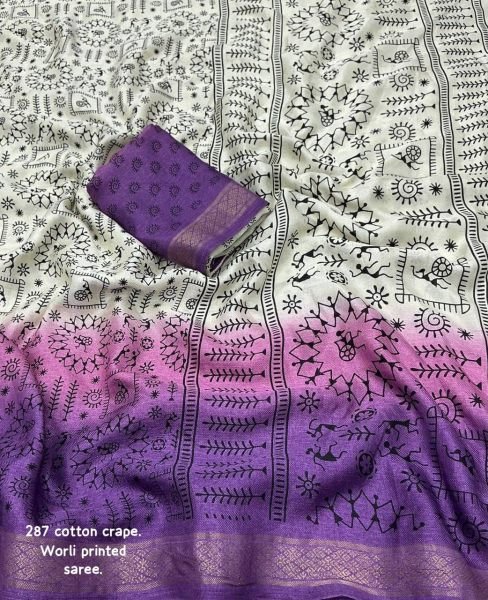 New Fancy Worli Cotton Crepe Saree with Zari Woven Border   Soft Pashmina Silk Bollywood Fancy Sarees Wholesale