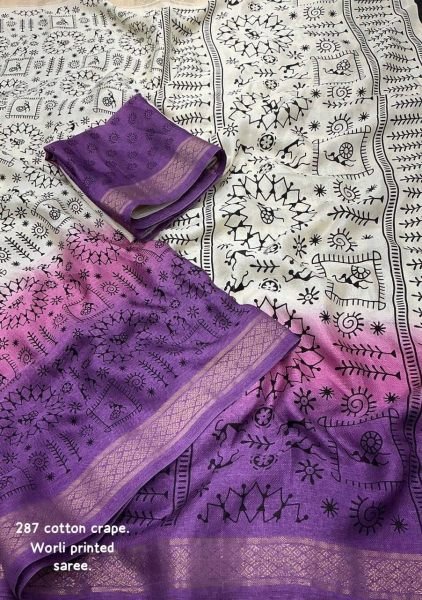 New Fancy Worli Cotton Crepe Saree with Zari Woven Border   Soft Pashmina Silk Bollywood Fancy Sarees Wholesale