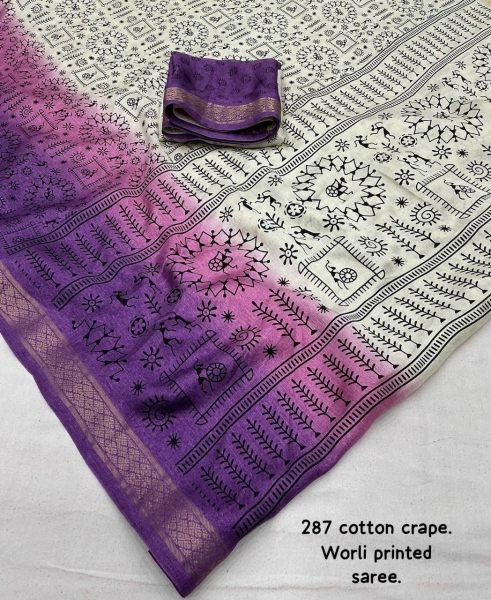 New Fancy Worli Cotton Crepe Saree with Zari Woven Border   Soft Pashmina Silk Bollywood Fancy Sarees Wholesale