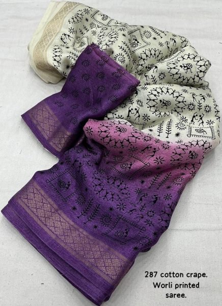 New Fancy Worli Cotton Crepe Saree with Zari Woven Border   Soft Pashmina Silk Bollywood Fancy Sarees Wholesale