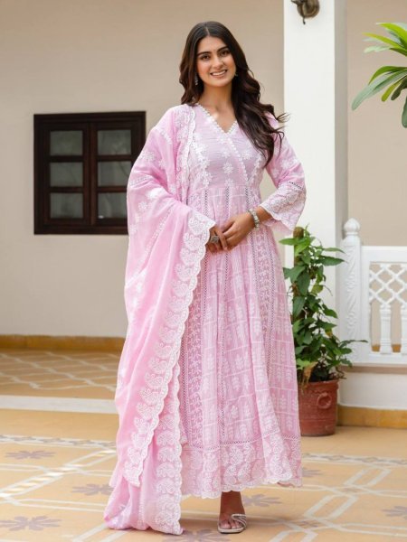 New Fashion Arrival Pink Pure Mal Cotton Lucknowi Work Gown Set Ready To Wear Suit