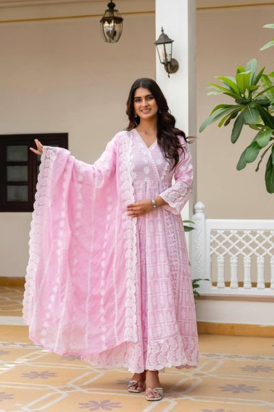 New Fashion Arrival Pink Pure Mal Cotton Lucknowi Work Gown Set Ready To Wear Collection