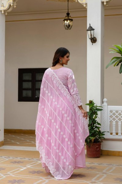 New Fashion Arrival Pink Pure Mal Cotton Lucknowi Work Gown Set Ready To Wear Collection