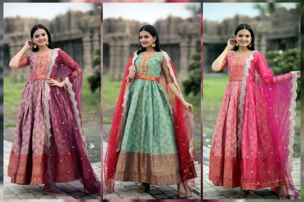 New Kanjivaram Pattu Silk  Zari  Weaving Gown Ready To Wear Collection