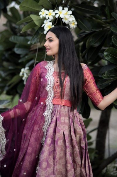 New Kanjivaram Pattu Silk  Zari  Weaving Gown Ready To Wear Collection