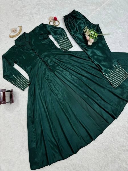  Green   color Ready to Wear  Chinon Silk Suit with Sequence work 