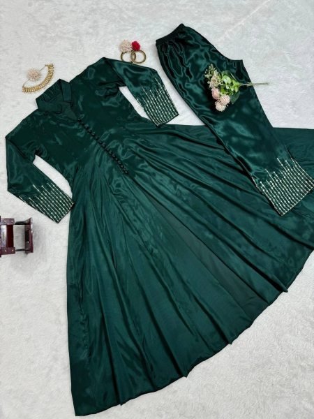  Green   color Ready to Wear  Chinon Silk Suit with Sequence work Ready To Wear Collection