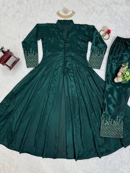  Green   color Ready to Wear  Chinon Silk Suit with Sequence work Ready To Wear Collection
