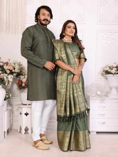 New Launch Couple Combo Set Designer Mens Kurta Pajama Elegant Womens Dola Silk Saree for Wedding   Festive Occasions Couple Combo collection 
