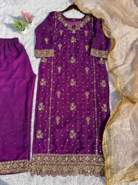 New Launch Designer Party Wear Fox Georgette Suit Set Sequence Moti Embroidery with Heavy Lace Dupatta Ready to Wear Collection at Wholesale Price  Straight Cut Long Kurtis