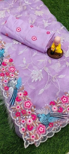 New Launch Stylish Organza Silk Saree with Floral Embroidery Design Organza Sarees Wholesale