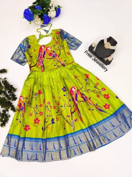 New Launching Kids Top Selling Zari Foil Work Parrot Stitched Gown & Dupatta  Girls Wear