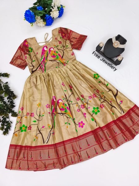 New Launching Kids Top Selling Zari Foil Work Parrot Stitched Gown & Dupatta  Girls Wear