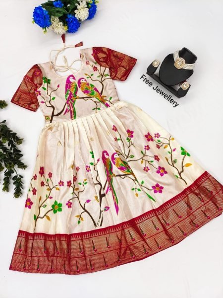 New Launching Kids Top Selling Zari Foil Work Parrot Stitched Gown & Dupatta  Girls Wear