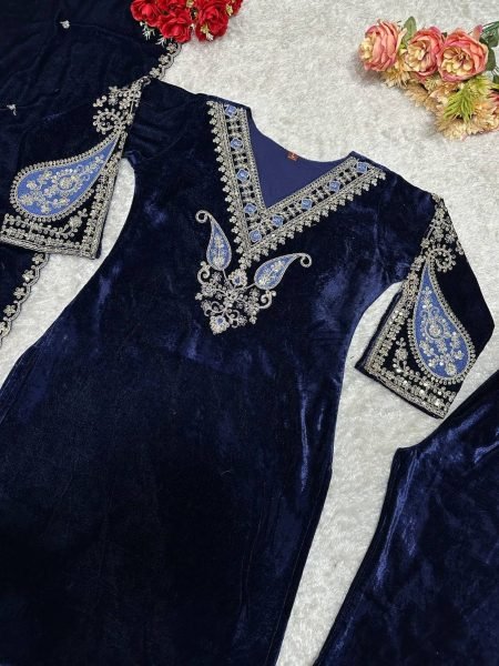 New Party Wear Velvet Top & Plazo Set with Embroidered Dupatta Ready To Wear Collection
