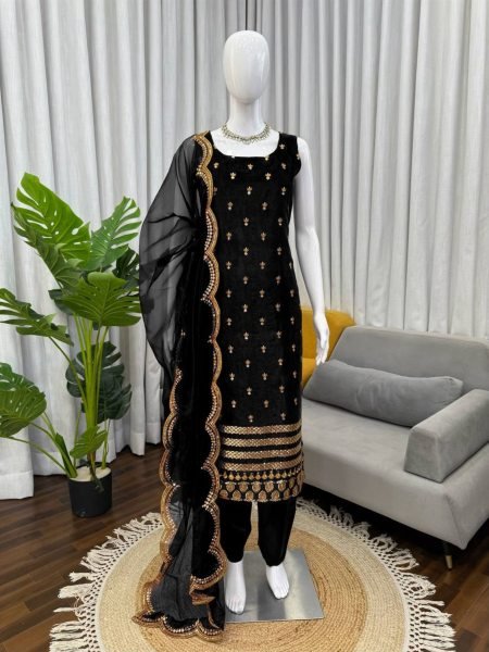 New Range Black Roman Glass Embroidered Long Top Pant Set with Organza Dupatta 