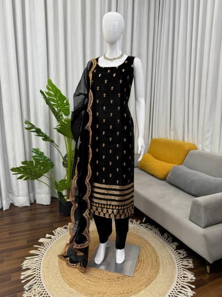 New Range Black Roman Glass Embroidered Long Top Pant Set with Organza Dupatta Ready To Wear Collection