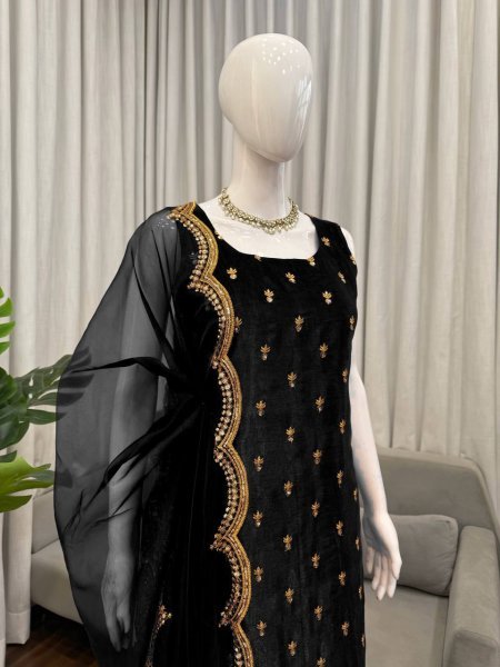 New Range Black Roman Glass Embroidered Long Top Pant Set with Organza Dupatta Ready To Wear Collection