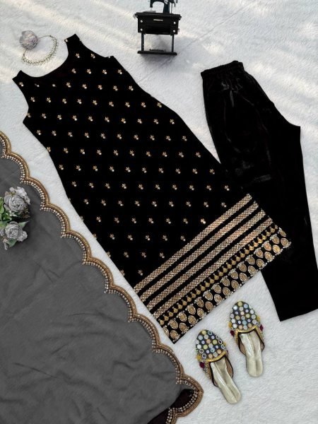 New Range Black Roman Glass Embroidered Long Top Pant Set with Organza Dupatta Ready To Wear Collection