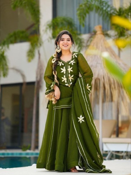 New Range Olive Green Chiffon Short Kurta with Flared Sharara and Designer Dupatta Ready To Wear Suit