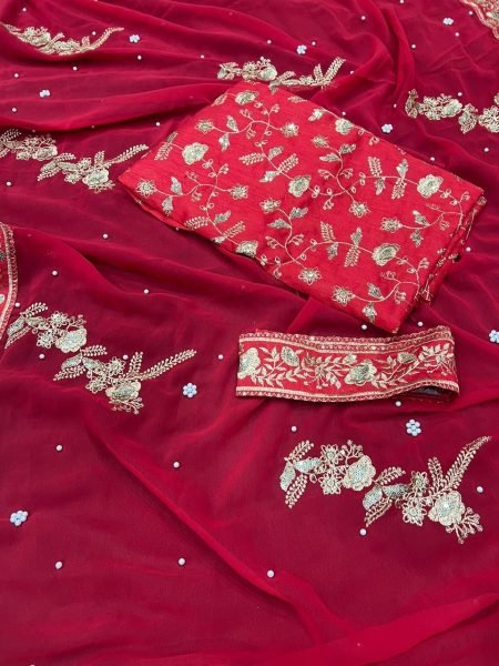 New Red Designer Georgette Saree With Embroidery Zari Work  Georgette Sarees Wholesale