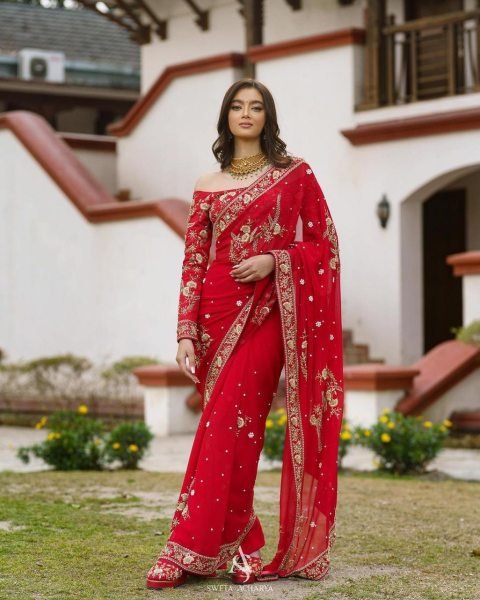 New Red Designer Georgette Saree With Embroidery Zari Work  Georgette Sarees Wholesale