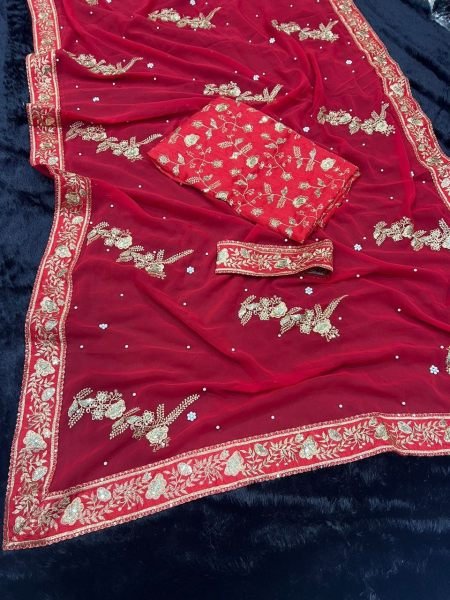 New Red Designer Georgette Saree With Embroidery Zari Work  Georgette Sarees Wholesale