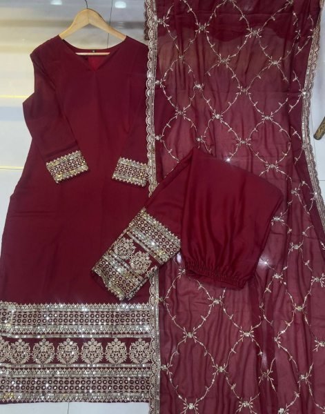 New Salwar Suit 2025: Maroon Embroidery Kurti with Dupatta and Pant for Festive Wear  Ready To Wear Collection