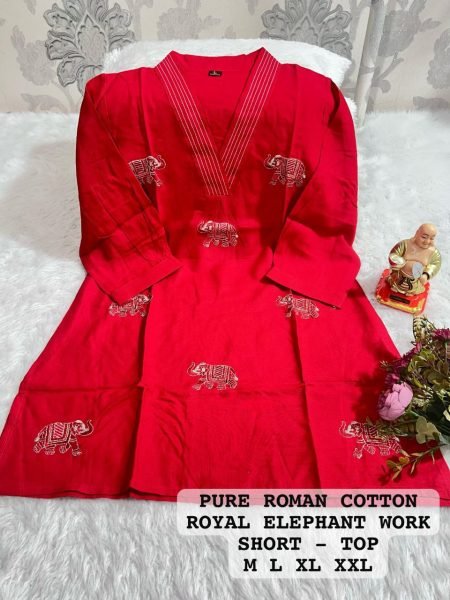 New Summer Collection Pure Roman Cotton Royal Elephant Work Cotton Kurtis Wholesale