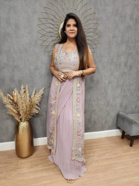 New Three Piece Embroidery Work Western Outfit For Trendy Saree Look Ready To Wear Saree 