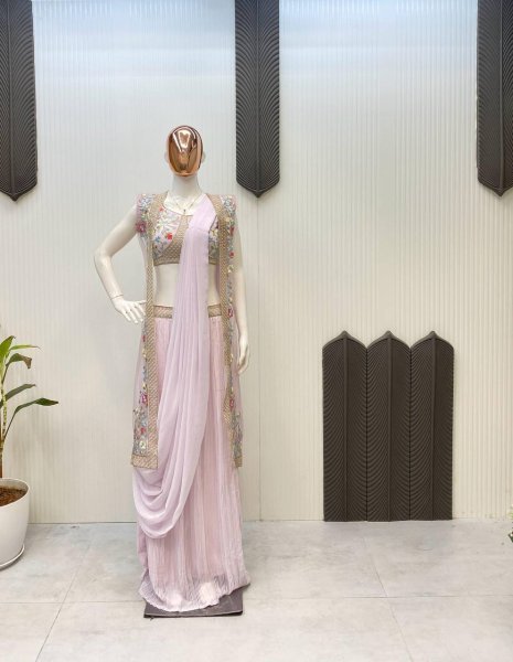 New Three Piece Embroidery Work Western Outfit For Trendy Saree Look Ready To Wear Saree 