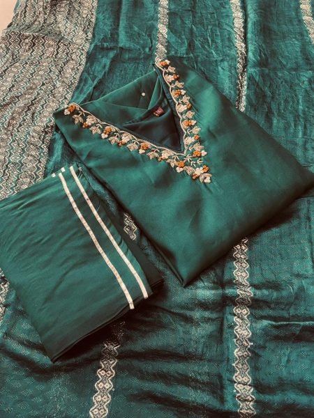 New Tranding V Neck Heavy Silk kurti Pant With Dupatta  3 Piece Kurti Set