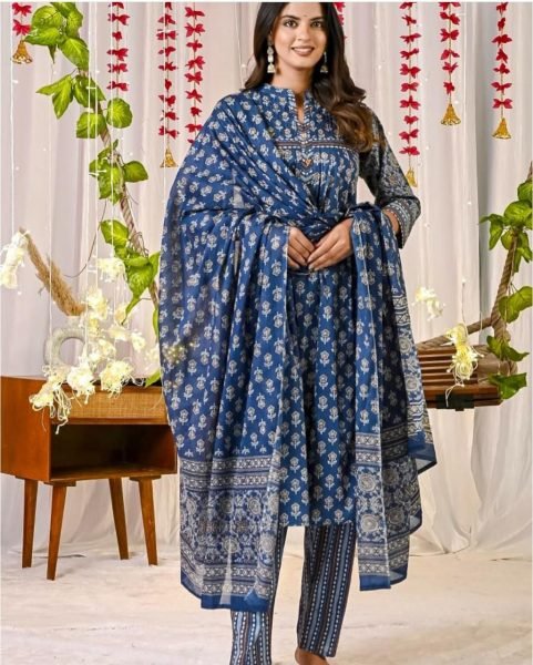 New Trend  Cotton Suit set in Printed Kurti Pant with Dupatta 3 Piece Kurti Set