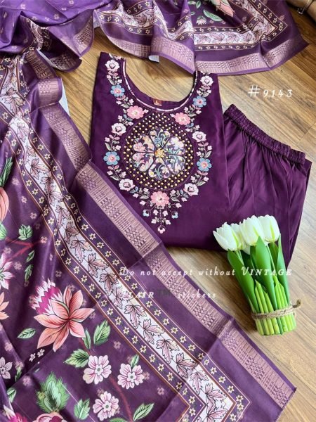 New Trending Designer 3 Piece Embroidered Roman Silk Kurti Set with Thread Work 