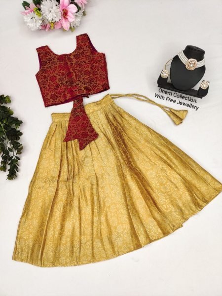 New Trending Zari Weaving Cotton Silk Stitched kids Lahenga Choli   Girls Wear