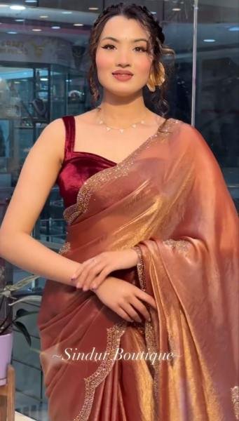 New Two Tone Golden Diamond Suneri Saree with Velvet Blouse For Party   Wedding Wear Designer Wedding Sarees Wholesale