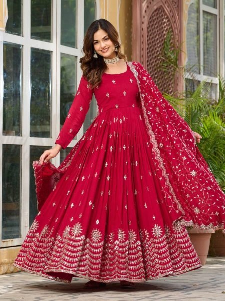 New Vichitra Silk Gown Set With Sequin Work   Dupatta Ready to Wear Best Price  