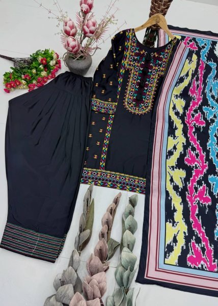 Noor Black Heavy Natural Silk Embroidered Palazzo Set Outfit for Wedding and Festive Celebrations Ready To Wear Collection