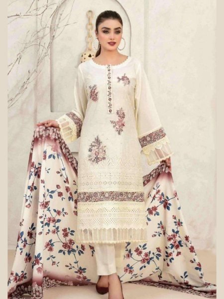 Noor Jahan White Pakistani Cotton Suit with Embroidery &  Printed Dupatta Salwar Kameez