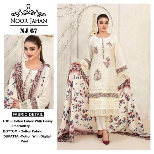 Noor Jahan White Pakistani Cotton Suit with Embroidery &  Printed Dupatta Pakistani Suits Wholesale