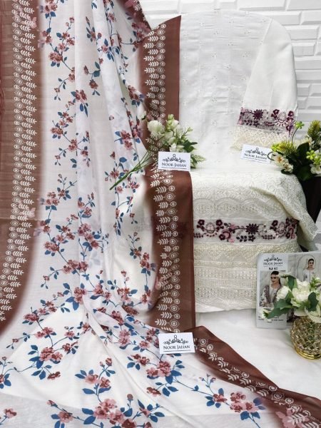 Noor Jahan White Pakistani Cotton Suit with Embroidery &  Printed Dupatta Pakistani Suits Wholesale